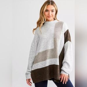 ENGLISH FACTORY OVERSIZE SOFT FUZZY GEO BOXY RELAXED FIT COLORBLOCK MOCK SWEATER